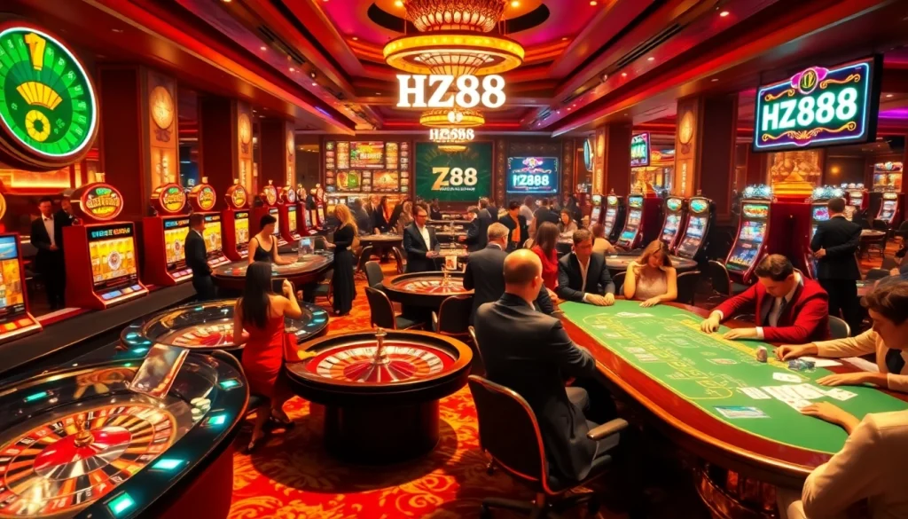 Experience the thrill of high-stakes gaming at HZ88 casino, featuring roulette and poker games.